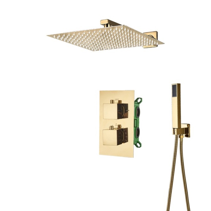 Set baterie dus, Blackswan, Tip M193, model auriu lucios, 2 cai si termostat, dimensiune 20 cm