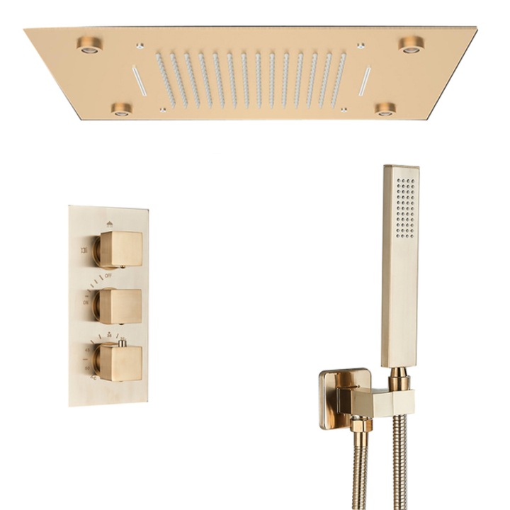 Смесител за душ, Blackswan, Тип M191, модел матово злато, с 2 канала и душ слушалка с 2 режима, термостат, дистанционно и LED осветление, размер 50 см