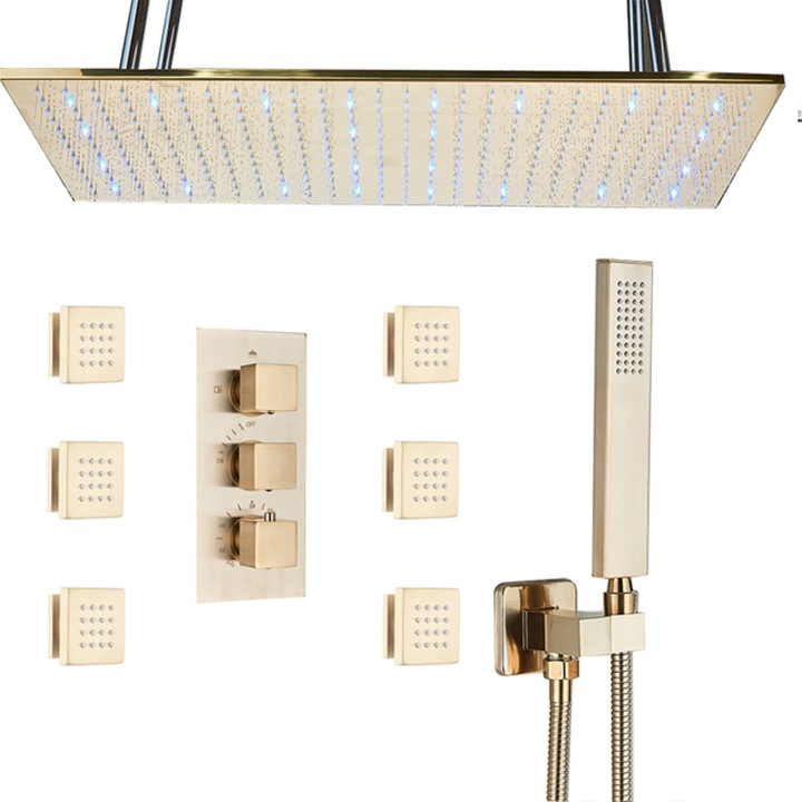 Смесител за душ, Blackswan, Тип M192, модел матово злато, с 3 хода, термостат, масажиращи дюзи и LED осветление, размер 80 см