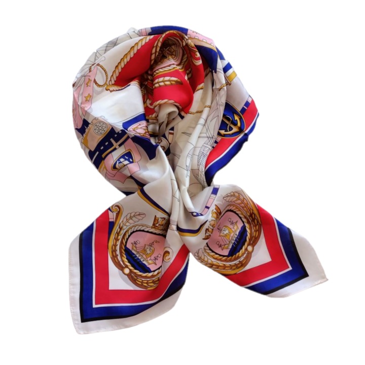 Esarfa Dama, tip Batic, Forma Patrata, Imprimeu, Subtire, Sailor Spirit, 90x90cm, Rosu/Albastru
