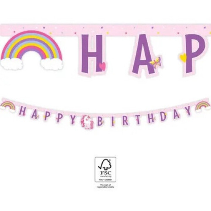 Ghirlanda decor Unicorn Rainbow Colors, Happy Birthday Sign FS, 200 cm Roz