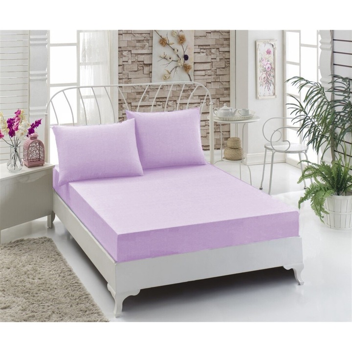 Set husa de pat din tricot si 1 fata de perna, bumbac 100%, dimensiuni 100×200+30cm, 50x70cm, lila