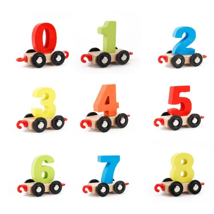 Set tren din lemn cu cifre, jucarie educativa Montessori, multicolor