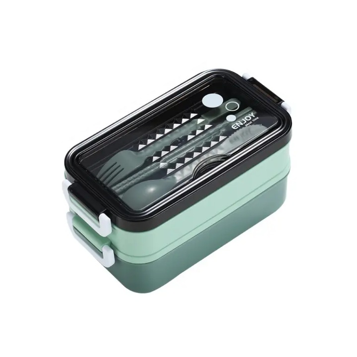 2 db-os ebédlődoboz készlet evőeszközökkel és telefontartóval, hőszigeteléssel és levesestállal, 21,5x11,5x11 cm, zöld