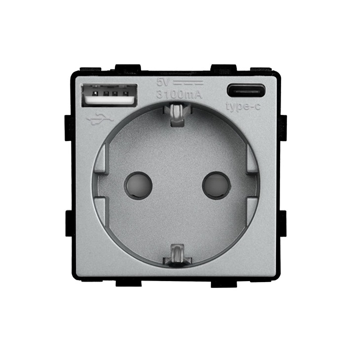 Conector, LUX-ON, 1xUSB-A, 1xUSB-C, modul fara cadru, gri