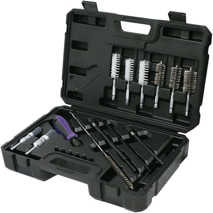 Set de perii pentru curatare scaune injector, 19 piese, cu tije de prelungire si cutie de depozitare si transport