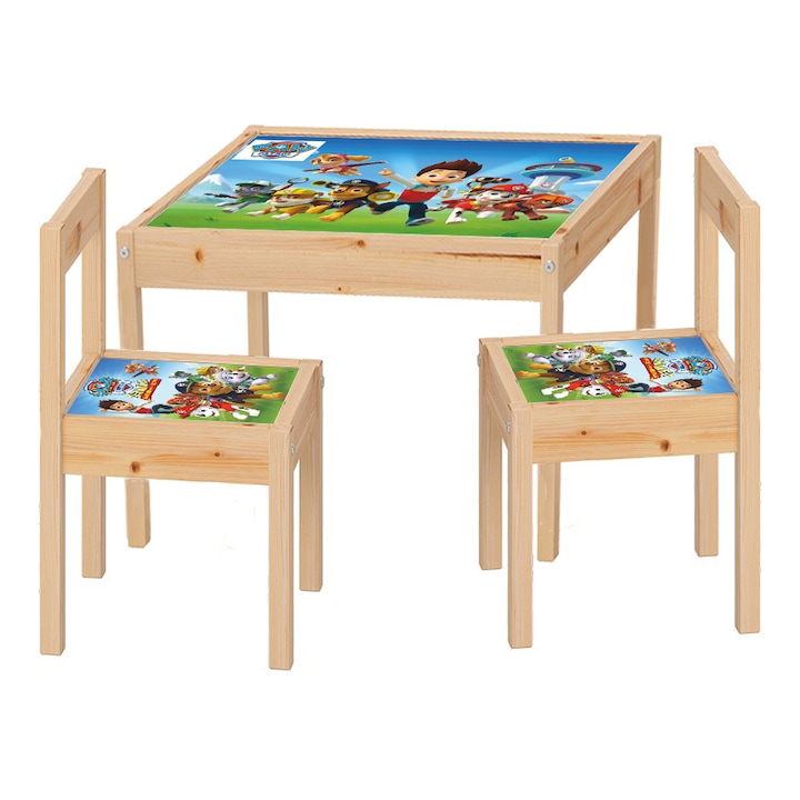 Set masuta cu 2 scaune pentru copii, lemn masiv, Patrula catelusilor, 48x63x45 cm