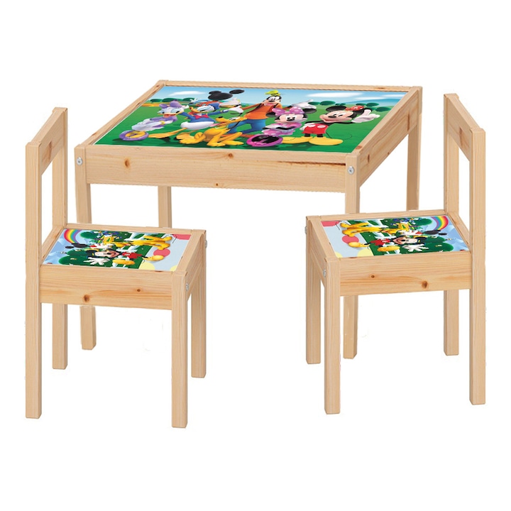 Set masuta cu 2 scaune pentru copii, lemn masiv, Club Mickey, 48x63x45 cm