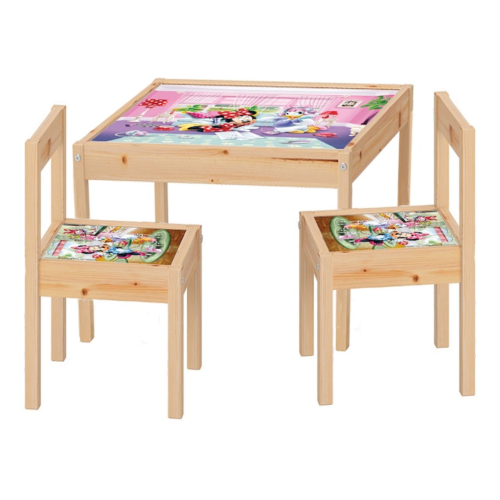 Set masuta cu 2 scaune pentru copii, lemn masiv, Minnie si Daisy, 48x63x45 cm