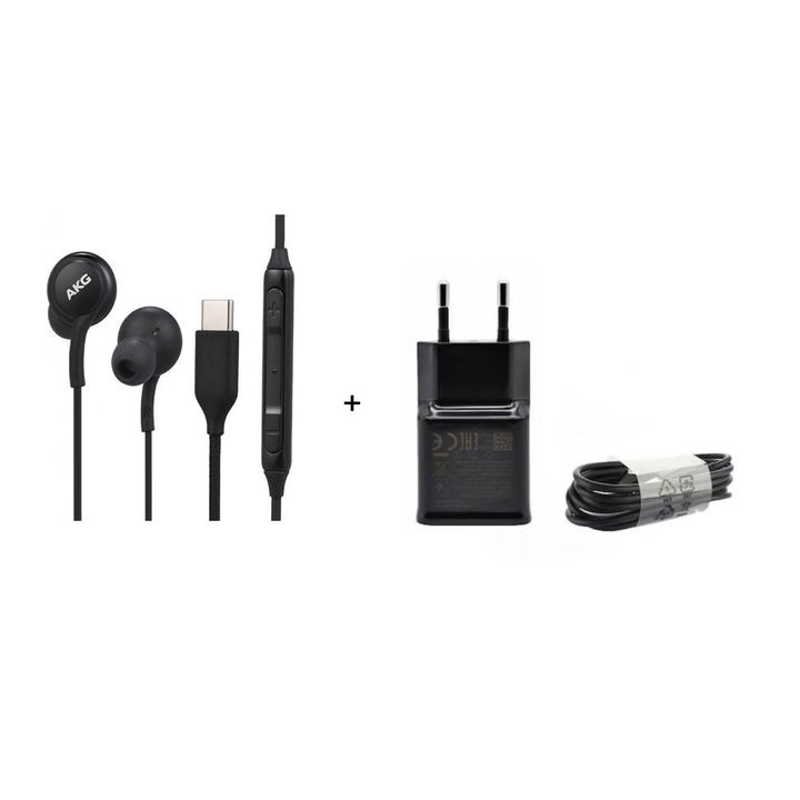 Комплект аудио слушалки AKG Type-C плюс зарядно устройство за бързо зареждане на Samsung с включен USB-Type-C кабел, черно