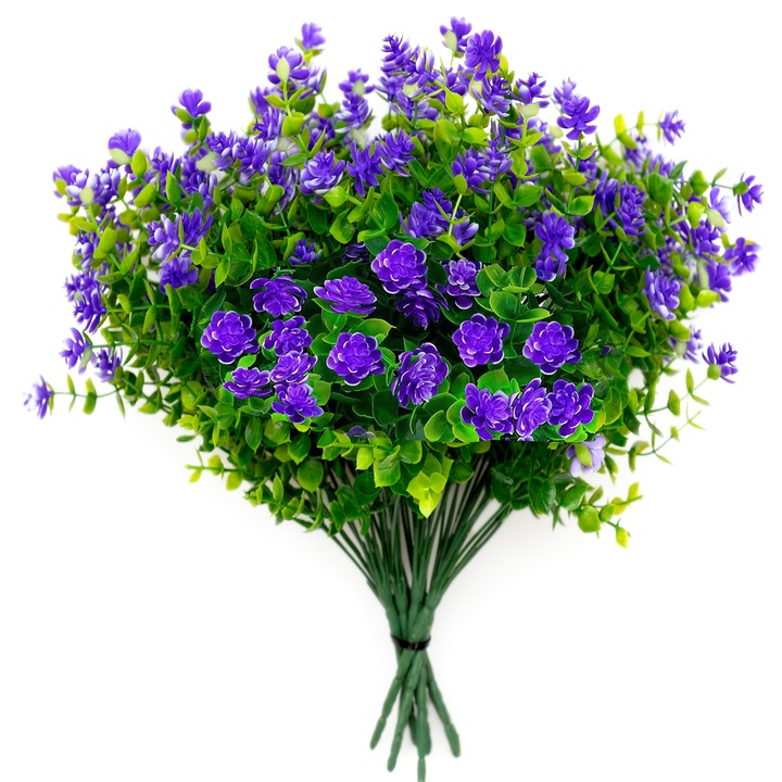 Set 6 Buchete Flori Artificiale, ARKOTEX, Rezistente UV, Plastic, Mov, 35cm Inaltime