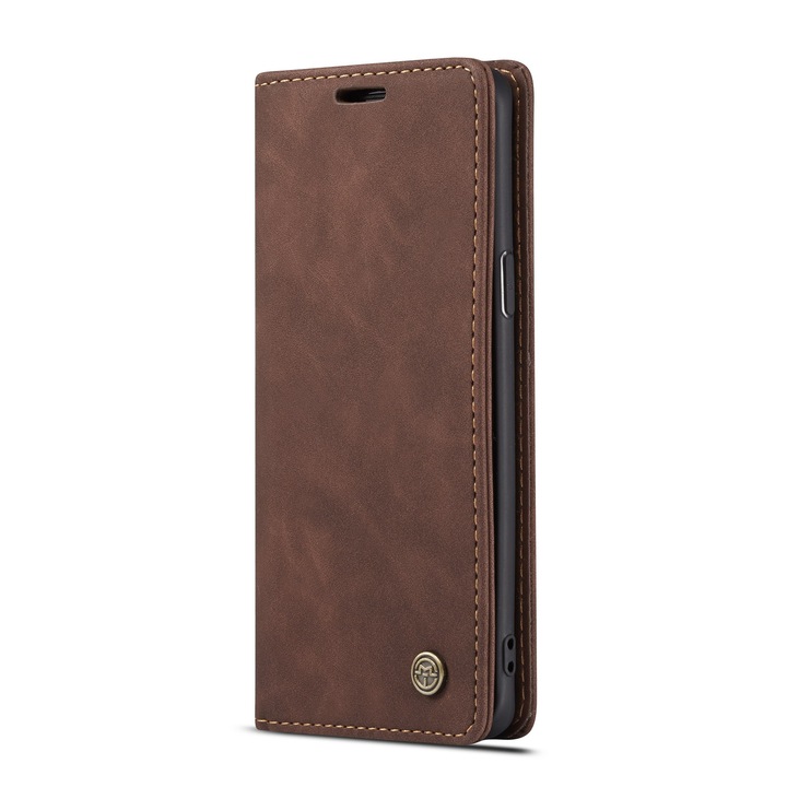 Husa slim piele pentru Samsung Galaxy S9, tip portofel, stand, inchidere magnetica, textura catifelata, CaseMe, Maro coffee