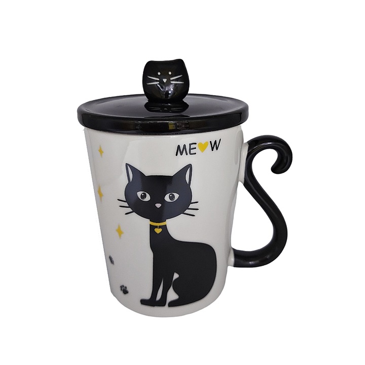 Cana pisica Moon 300ml, Cu capac, Ceramica