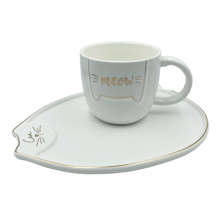 Set ceasca pisica si farfurie Binx 200ml, Alb, Ceramica