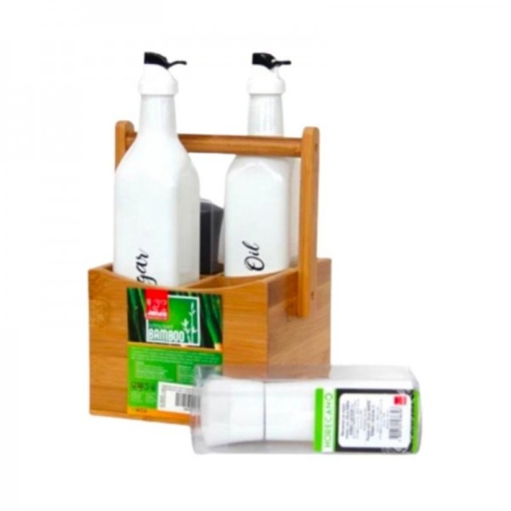 Set condimente cu 4 piese din portelan si suport din lemn de bambus cu maner