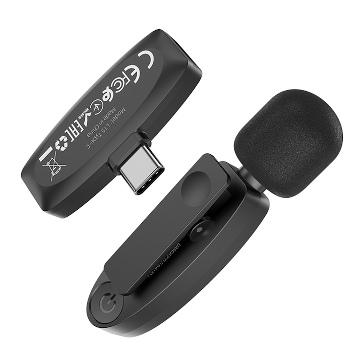 Microfon tip lavaliera wireless compatibila USB-C cu prindere clip-on, Negru