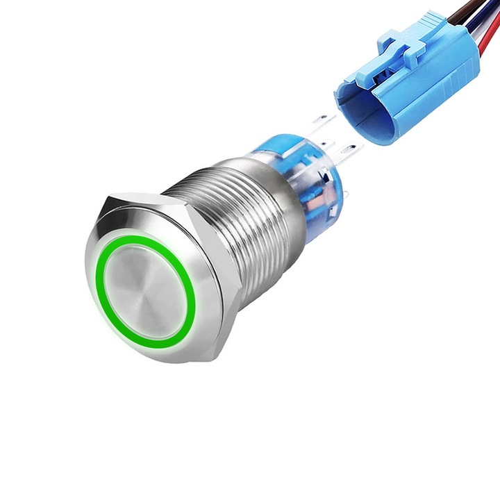 Fém gomb, 220V, 19mm, zöld LED Return-el