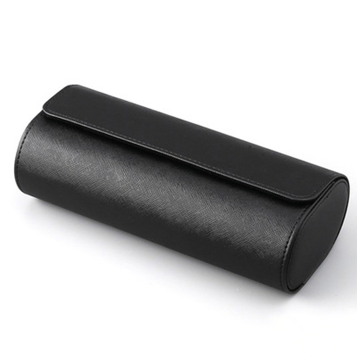 Caseta depozitare si transport Vintage pentru 3 ceasuri, piele ecologica, cusatura manuala, 22.5x10x7.5 cm Negru
