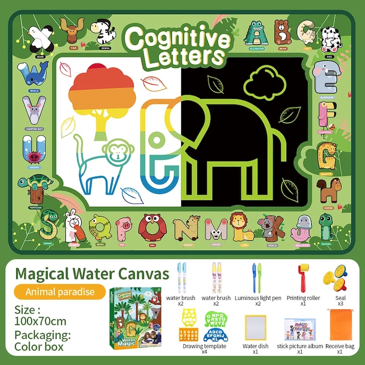 Set jucarie educativa si interactiva, joc covorasul Magic Aquadoodle litere, fosforescent, coloreaza cu apa, cadou pentru fete si baieti, + 3 ani, 100 x 70 cm