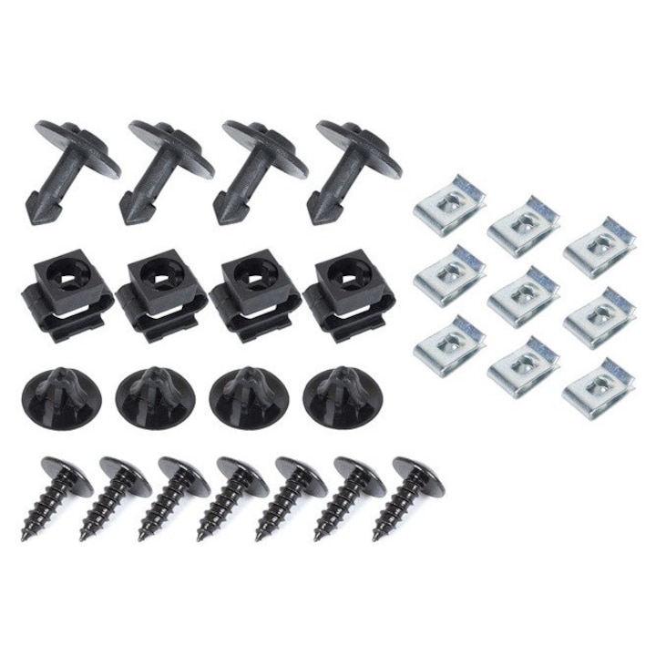 Csíptető készlet motorburkolat rögzítéséhez, MODECAR, Skoda Superb I 01-08-hoz, 28 db, Fekete/Ezüst