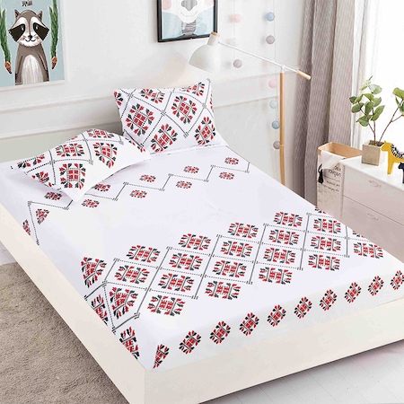 Cearceaf din Finet cu Elastic 180x200cm cu 2 Fete Perna 50x70cm, Motive Traditionale Rosu cu Negru