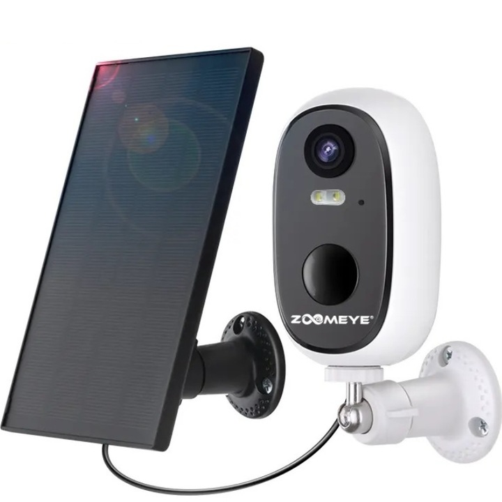 Камера за наблюдение ZoomEye® Pro 3MP, Със соларен панел, WiFi, Нощно виждане FullHd Color, PIR сензор за движение, Защита от атмосферни влияния IP66, Сензор за движение и известяване Tuya, Включени батерии 5200 mAh