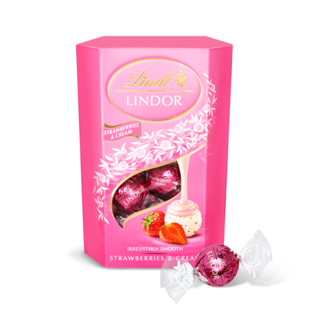 Bomboane de ciocolata Lindt Lindor alba cu aroma de capsune, 200g