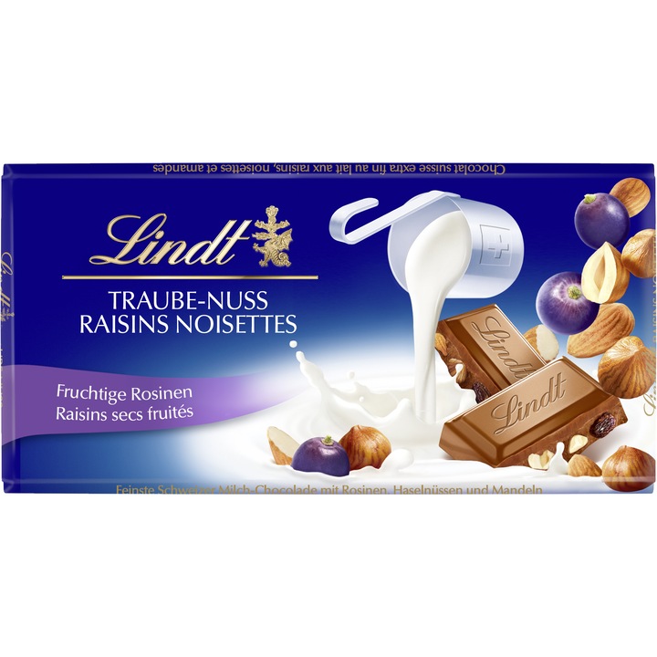 Tableta ciocolata Lindt Swiss lapte, stafide si alune de padure 100g