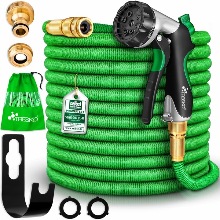 Furtun de udat Premium, extensibil pana la 30 m, flexibil, 10 functii, suport de perete cu accesorii incluse, verde