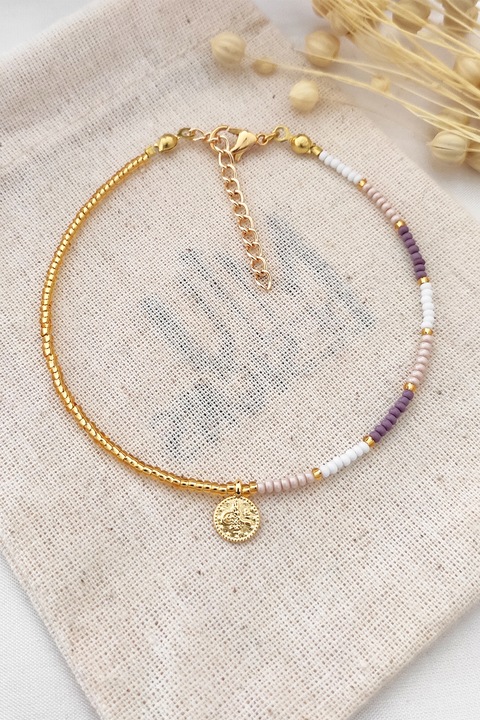 Atelier Miu, Bratara pentru glezna decorata cu margele miyuki multicolore, Auriu, Alb, Violet