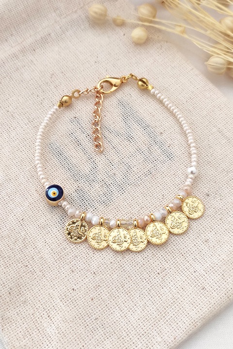 Atelier Miu, Bratara ajustabila decorata cu perle sintetice, Auriu, Alb