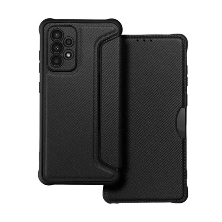 Samsung Galaxy A52 / A52 5G / A52s 5G SM-A525F / A526B / A528B, Oldalra nyíló tok, légpárnás sarok, bőrhatású, karbon minta, Razor Book, fekete (RS129159)