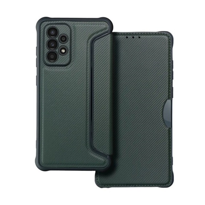 Samsung Galaxy A52 / A52 5G / A52s 5G SM-A525F / A526B / A528B, Oldalra nyíló tok, légpárnás sarok, bőrhatású, karbon minta, Razor Book, zöld (RS129232)
