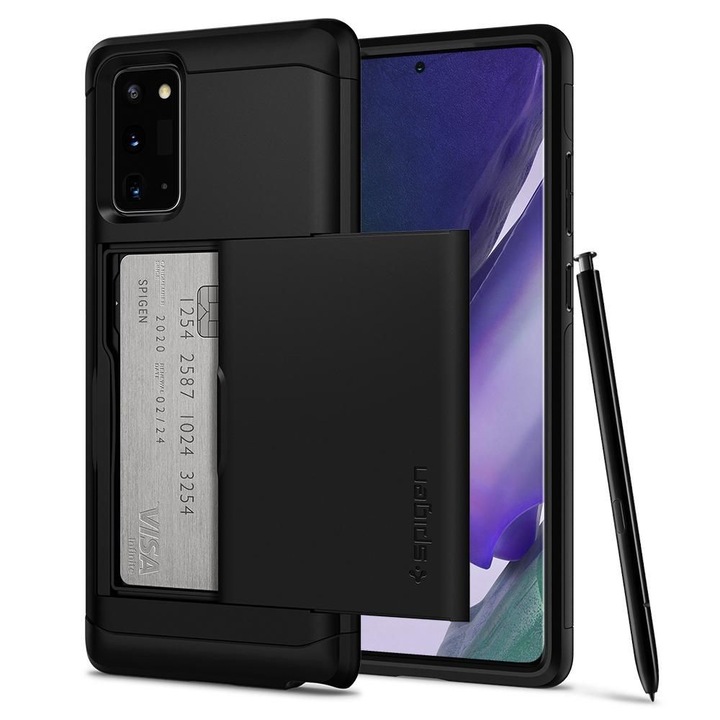 Samsung Galaxy Note 20 / 20 5G SM-N980 / N981, Szilikon tok, műanyag hátlappal, Spigen Slim Armor CS, fekete