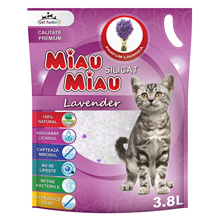 Asternut igienic pentru pisici Miau-Miau, Silicat Lavanda, 3.8L