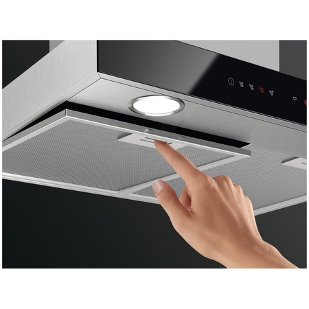 Hota incorporabila decorativa AEG DBE5660HB, Putere de absorbtie 720 mc/h, Conectivitate plita, Control electronic, Filtre aluminiu lavabil, 1 motor, 60 cm, Inox