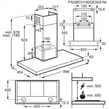 Hota incorporabila decorativa AEG, Putere de absorbtie 720 mc/h, Conectivitate plita, Control electronic, Filtre aluminiu lavabil, 1 motor, 898 mm