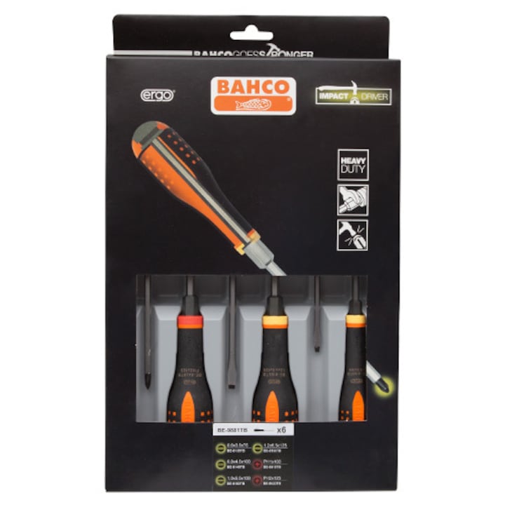 Комплект от 6 отвертки, Bahco, Straight/Star, Multicolor