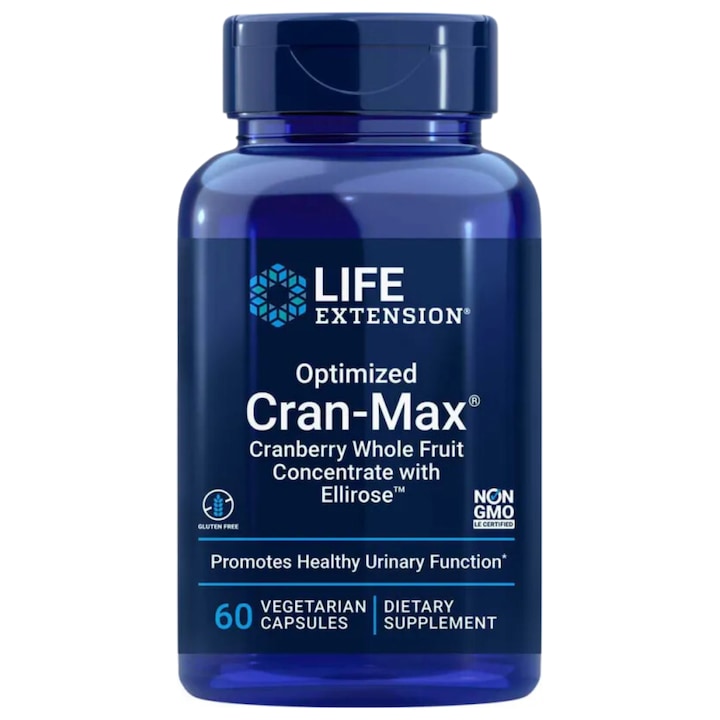 Supliment Alimentar, Optimizat Cran-Max, Life Extension, Afine, Hibiscus, Ellirose, Sistem Urinar Feminin, Proantocianidine, Antioxidant, Protectie Impotriva Stresului Oxidativ, Fara Calorii, Echivalentul A 2 Pahare De Suc, Vegetarian, 60 Capsule