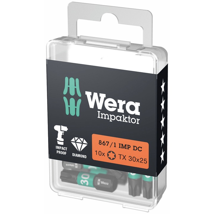 Set 10 biti de impact, Wera, 25 mm, Negru
