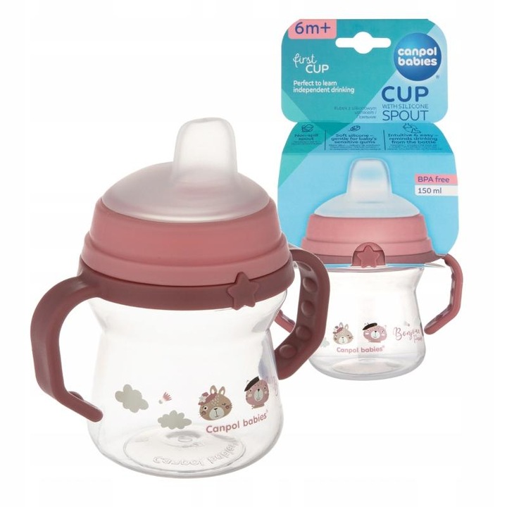 Cana, Canpol Babies, Firstcup Bonjour Paris, Gura Moale Din Silicon, Manere Confortabile, Capac Pentru Mustiuc, Roz, 150 Ml