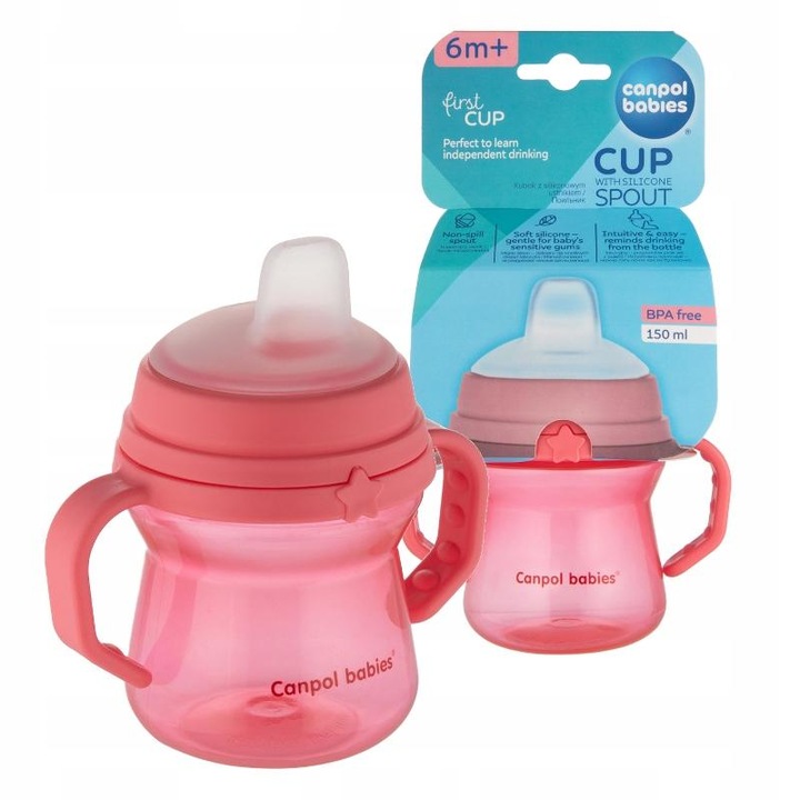 Cana, Canpol Babies, Firstcup, Gura Moale Din Silicon, Manere Confortabile, Capac Pentru Piesa Bucala, 150 Ml, Roz