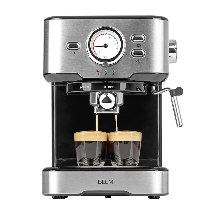Espressor manual BEEM, Espresso Select, compatibil cu cafea macinata, pompa profesionala 15 bari, sistem de incalzire Thermo-Block, functie spumare lapte, intuitiv, usor de utilizat, ergonomic, accesorii incluse, inox/negru