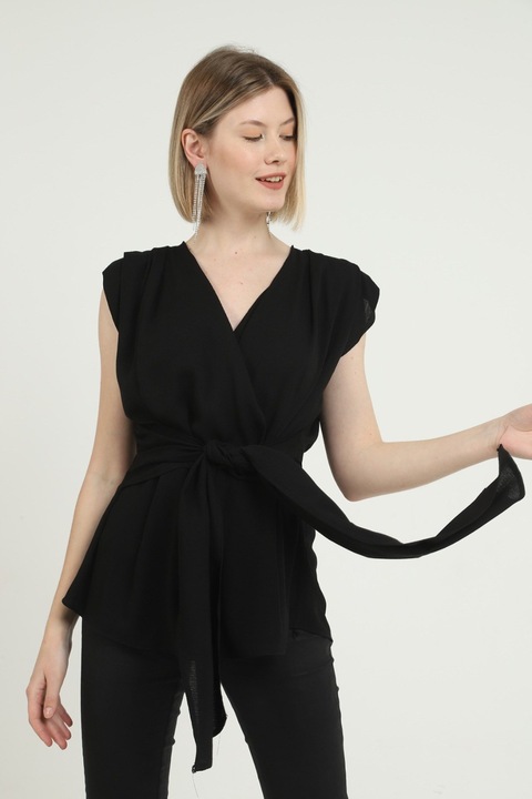 Bluza eleganta fara maneci, cu cordon in talie, negru