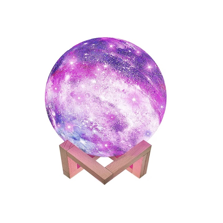 Lampa Luna Multicolor LED, Universal Galaxy Moon, 3D, Iluminare in 16 culori, Stand Lemn, Functia Touch, Telecomanda, Incarcare USB