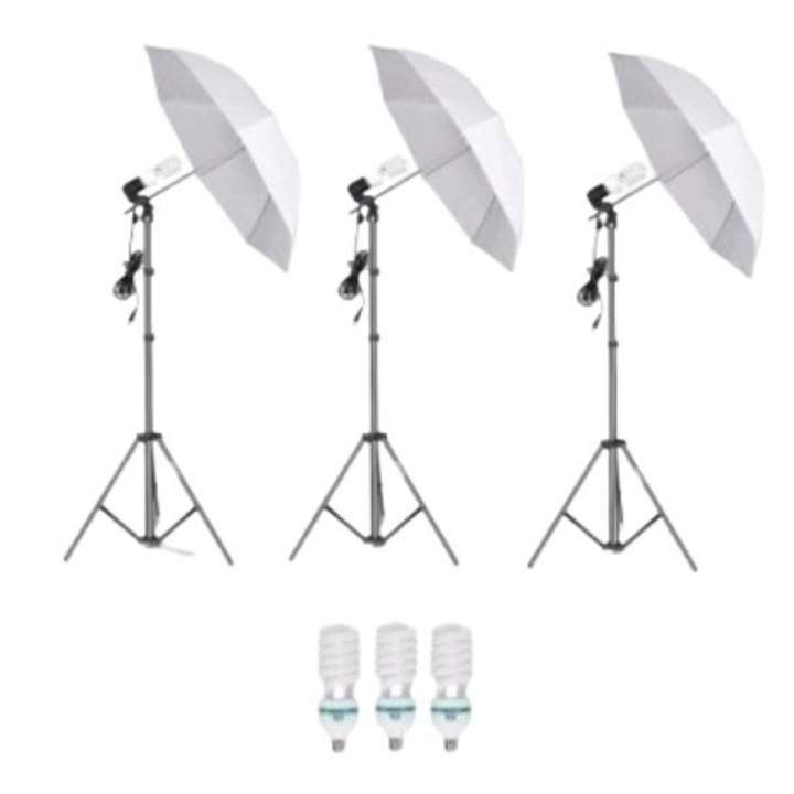 Kit profesional pentru studio foto/video cu 3 umbrele difuze, 3 becuri LED de 20W si 3 trepiede, culoare negru