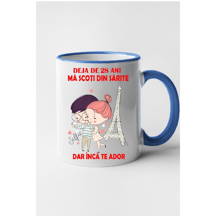 Cana personalizata cu imprimeu Deja de 28 ani ma scoti din sarite dar inca te ador model 2, Ceramica, 330 ml, Maner si interior Albastru