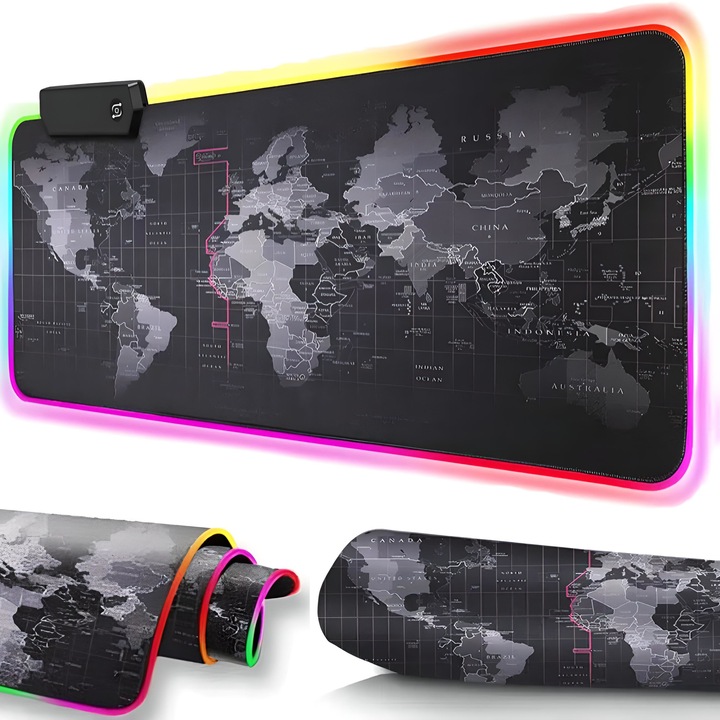 Mousepad Gaming Retoo Connect Rgb Led Pentru Mouse Si Tastatura, Dimensiune 80x30 Cm, 8 Moduri De Iluminare Statice Si 2 Moduri Dinamice, Suprafata Din Microfibra Respirătoare, Baza Antiderapanta Din Cauciuc, Design Mapa Lumii, Zisare Micro Usb