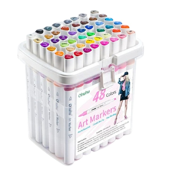 Set 48 Markere Ohuhu, Pe Baza De Alcool, Varf Dublu Chisel Si Fine, Geanta de Depozitare, Multicolor