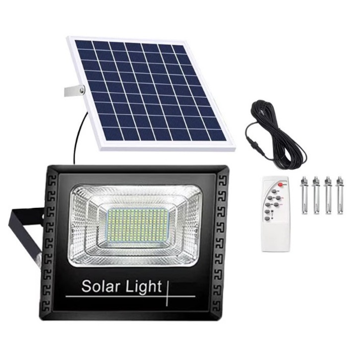 Proiector LED EDAR, pentru Exterior, Panou Solar, Putere 200W, Grad de Protectie IP 67, Control prin Telecomanda, Incarcare Solara, Negru